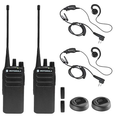 2 x Motorola CP100D Analog UHF Portable Non-Display Two Way Radio, 16 Channel, 4 Watt (403-480MHz) + 2 x Motorola HKLN4604 PTT Earpiece - 2 Pack with Mic Bundle