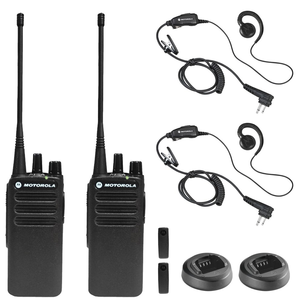 2 x Motorola CP100D Analog UHF Portable Non-Display Two Way Radio, 16 Channel, 4 Watt (403-480MHz) + 2 x Motorola HKLN4604 PTT Earpiece - 2 Pack with Mic Bundle