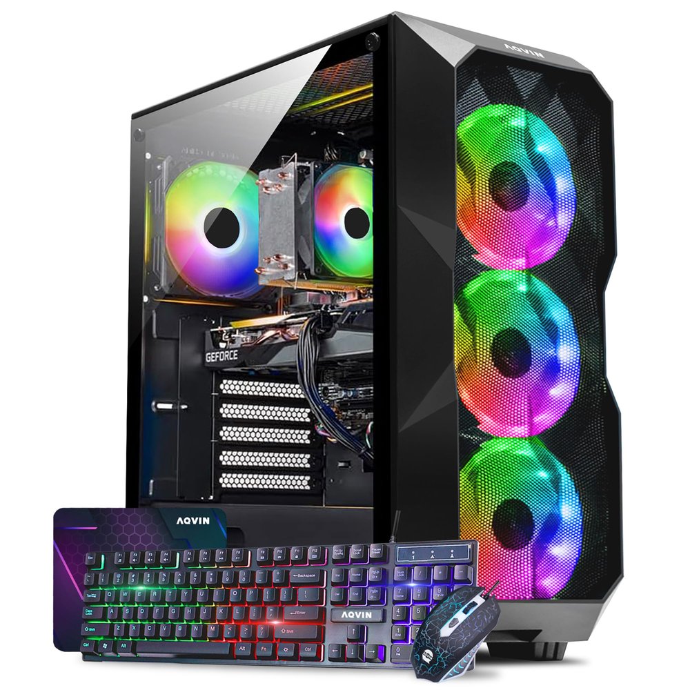 AQVIN AQB70 Gaming Tower PC - Intel i7 Core Processor Upto 4.00GHz, 32GB RAM 1TB SSD, GeForce GTX 1660 6GB GPU, RGB Fans, WiFi, Windows 10 Pro - Black