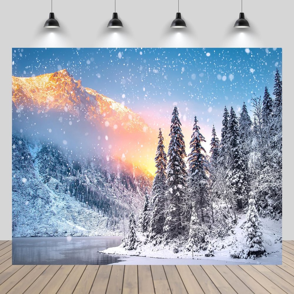 chnywork 7x5ft Winter Wonderland Backdrop Snowing Pine Forest Snow Woods Mountains River Sunset Landscape Background Christmas Winter Scenery Theme Party Decor Photo Booth Studio Props Wallpaper