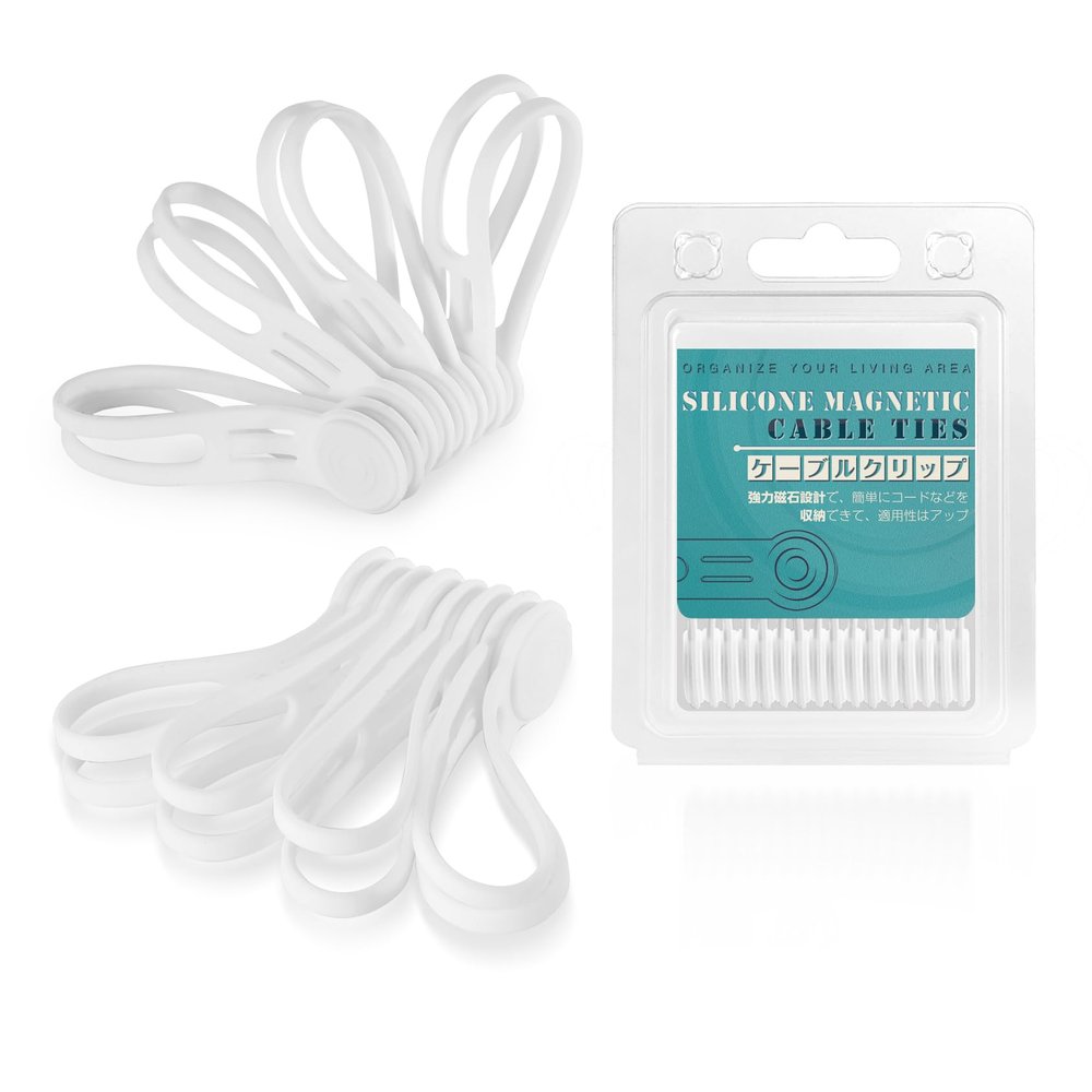 Reusable Silicone Magnetic Cord Ties - Kanemc 4.72 Inch Upgraded Twist Ties Cable Holder Cord Management, Idea For Bookmark, Fridge Magnet, Keychain, Magnetic Hat Clip For Travel (8 Pack, White)