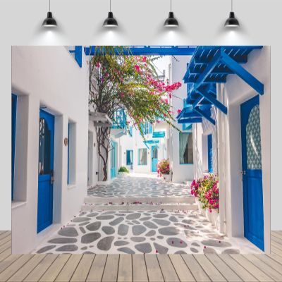 chnywork 10x6.5ft Greece Backdrop Santorini Morocco Blue Window Flowers Street Scenery Photo Background for Greece Wedding Birthday Party Decor Music Drama Backdrop Photo Studio Props Wallpaper