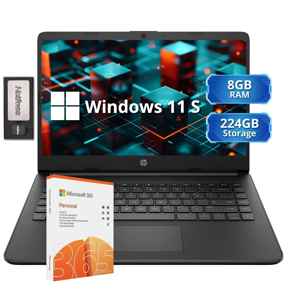 HP Stream 14" HD Lightweight Laptop, Intel Celeron N4120, 8GB RAM, 224GB Storage(64GB eMMC + 160GB Docking Station), Intel UHD Graphics, HD Webcam, 1 Year Office 365, WiFi, Bluetooth, Win 11s, Black,