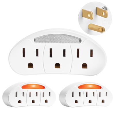 3-Prong 3-Outlet Plug Wall Mount Extender 3 Pack, 3-Prong to 3-Prong 3 Side Outlet Plug Splitter Converter, Multi Plug Outlet Spaced Adapter with Light-Sensing/Warm Night Light, ETL Listed, White