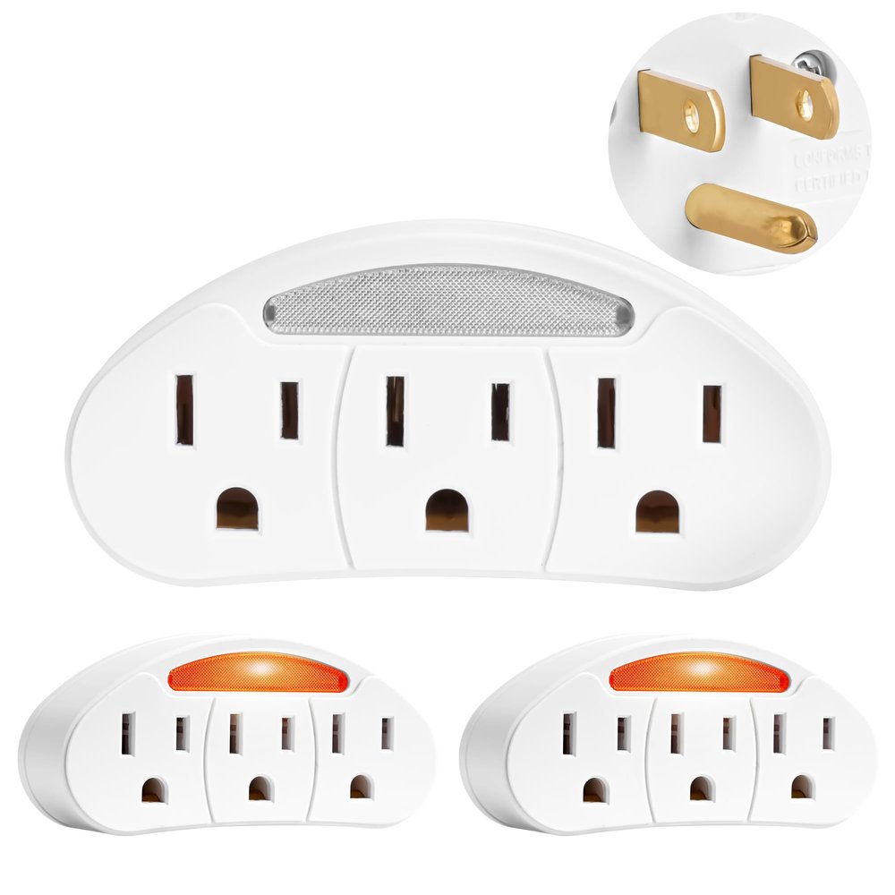 3-Prong 3-Outlet Plug Wall Mount Extender 3 Pack, 3-Prong to 3-Prong 3 Side Outlet Plug Splitter Converter, Multi Plug Outlet Spaced Adapter with Light-Sensing/Warm Night Light, ETL Listed, White