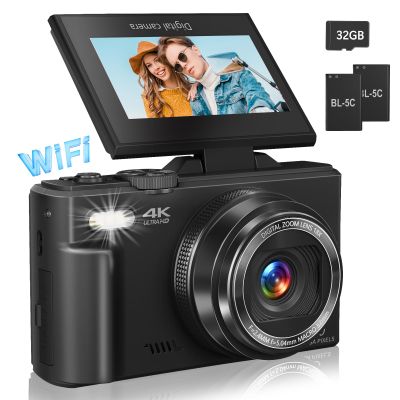 Digital Camera for Photography, 4K Vlogging Camera for YouTube 3" 180 Flip Screen 18X Digital Zoom Compact Retro Cameras with 32GB TF Card & 2 Batteries, Black