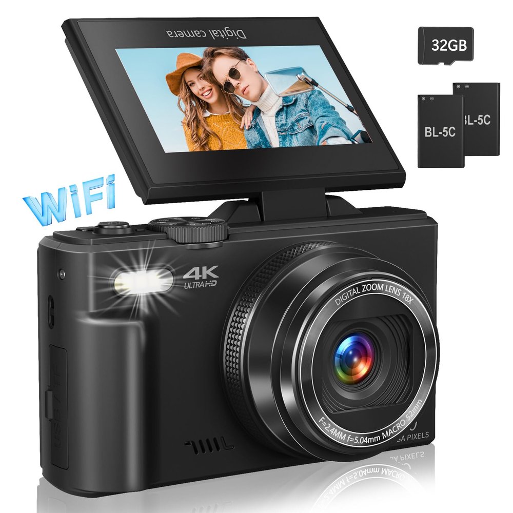 Digital Camera for Photography, 4K Vlogging Camera for YouTube 3" 180 Flip Screen 18X Digital Zoom Compact Retro Cameras with 32GB TF Card & 2 Batteries, Black