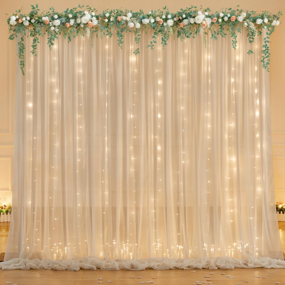 10ft x 7ft Champagne Chiffon Backdrop Curtain with Lights String for Parites Wedding Wrinkle Free Curtain Photo Backdrops Drapes for Baby Shower Birthday Party Home Decorations