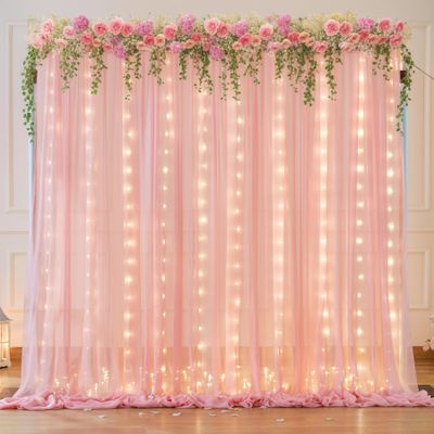 10ft x 7ft Baby Pink Chiffon Backdrop Curtain with Lights String for Parites Wedding Wrinkle Free Curtain Photo Backdrops Drapes for Baby Shower Birthday Party Home Decorations