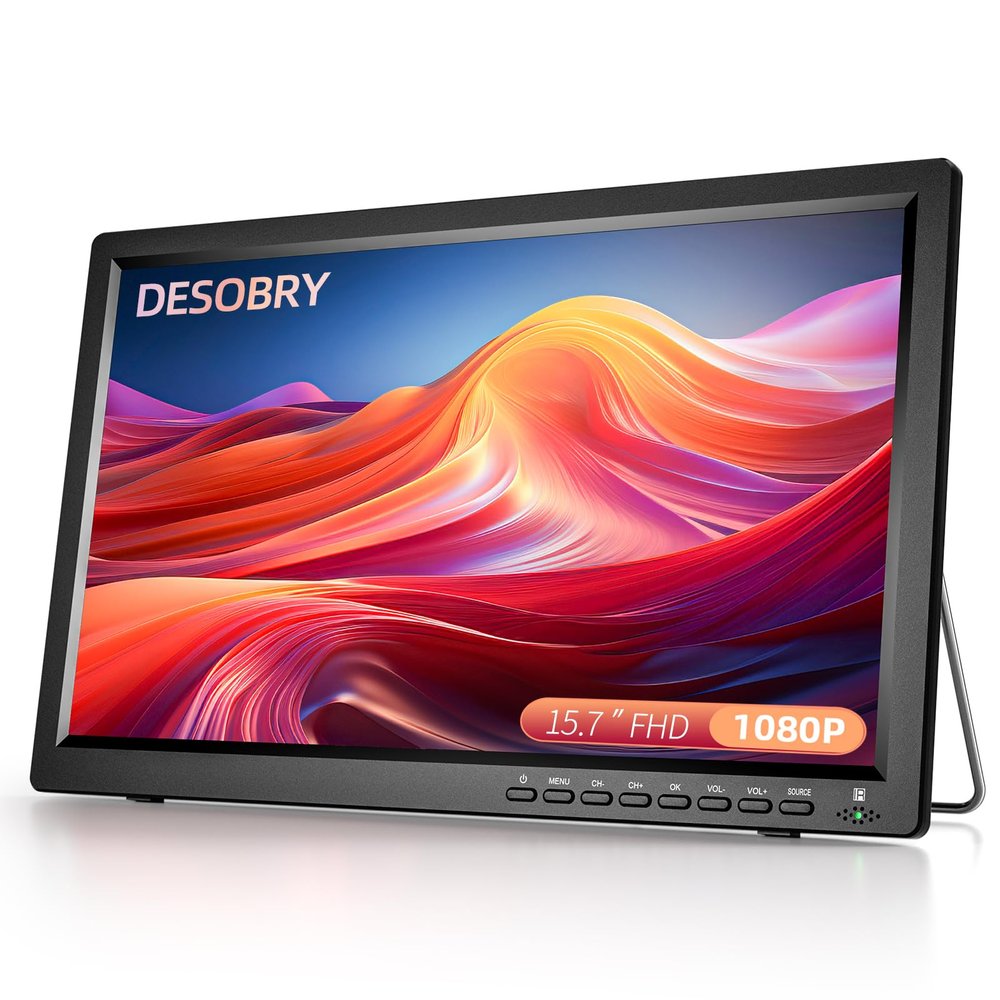 Desobry 15.7 inch Portable TV with Antenna, Portable Small TV with ATSC Tuner, Rechargeable Battery Operated Mini LCD Monitor 1080P,Built-in Stand,HDMI Input,USB,AV in,Supports Camping,Kitchen