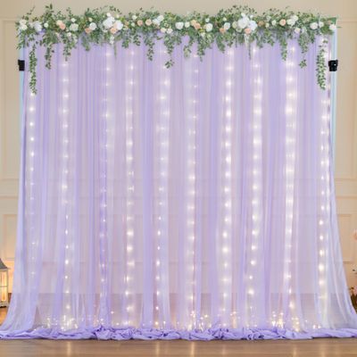 10ft x 7ft Lavender Chiffon Backdrop Curtain with Lights String for Parites Wedding Wrinkle Free Curtain Photo Backdrops Drapes for Baby Shower Birthday Party Home Decorations