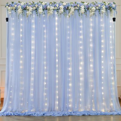 10ft x 7ft Baby Blue Chiffon Backdrop Curtain with Lights String for Parites Wedding Light Blue Curtain Photo Backdrop Drapes for Baby Shower Birthday Party Home Decorations