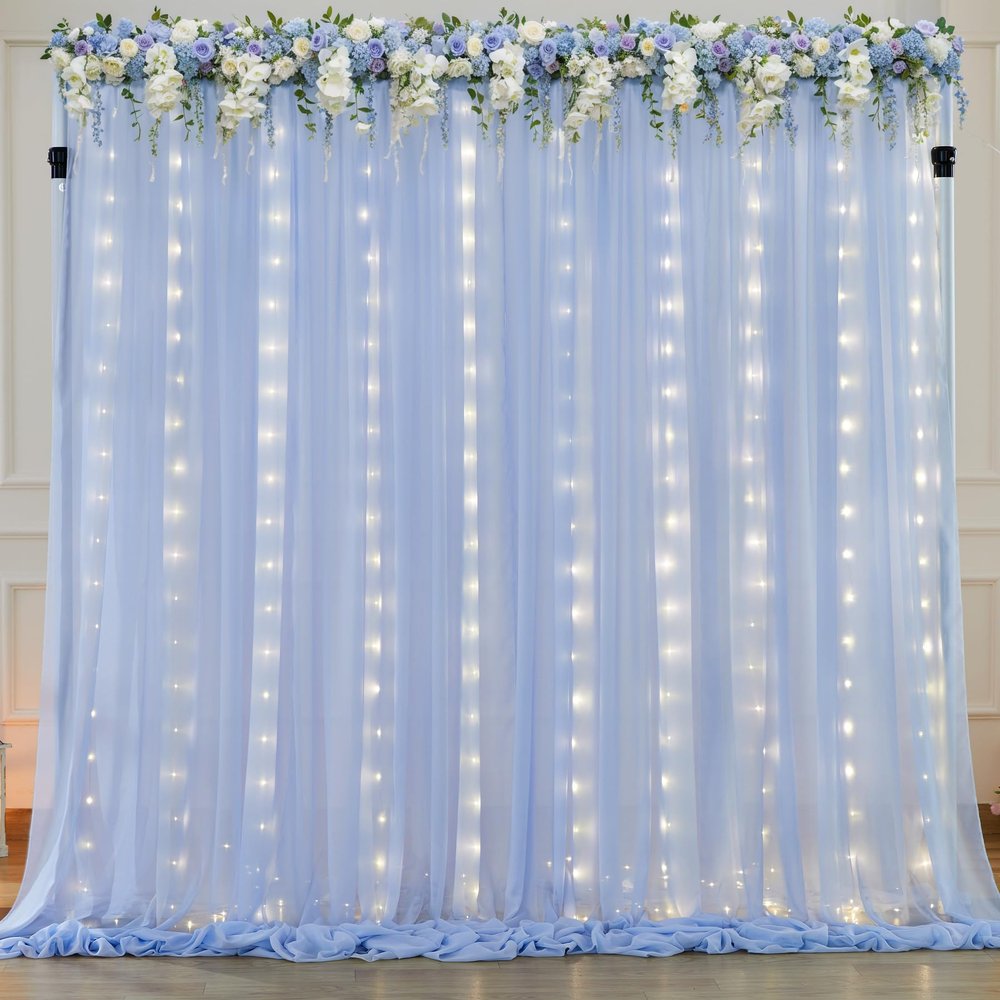 10ft x 7ft Baby Blue Chiffon Backdrop Curtain with Lights String for Parites Wedding Light Blue Curtain Photo Backdrop Drapes for Baby Shower Birthday Party Home Decorations