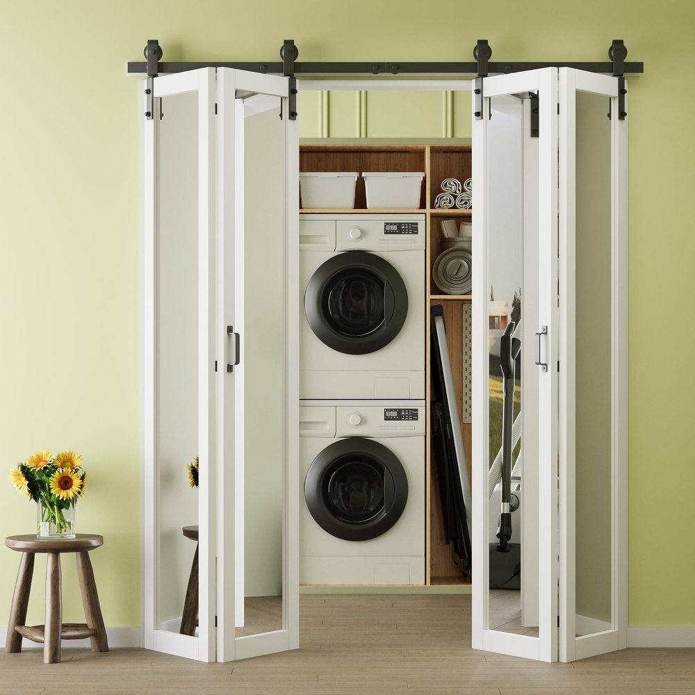 CRUTOP 80" x 84" Paintable Bifold Barn Doors and Hardware Included, Full Length High-Definition Mirror Bi Fold Barn Door, Easy Setup Pre-Assembled MDF Panels Bifold Barn Closet Doors