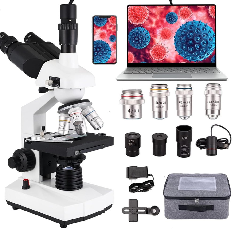 emobwdy Compound Trinocular Microscope, 40x-5000x Magnification, Digital Laboratory Trinocular Compound Led Microscope with 5 Million Pixel E-Eyepiece/Double Mechanical Stage/360 Rotating,White