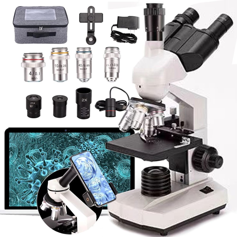emobwdy Compound Trinocular Microscope, 40x-5000x Magnification, Digital Laboratory Trinocular Compound Led Microscope with 5 Million Pixel E-Eyepiece/Double Mechanical Stage/360 Rotating,White