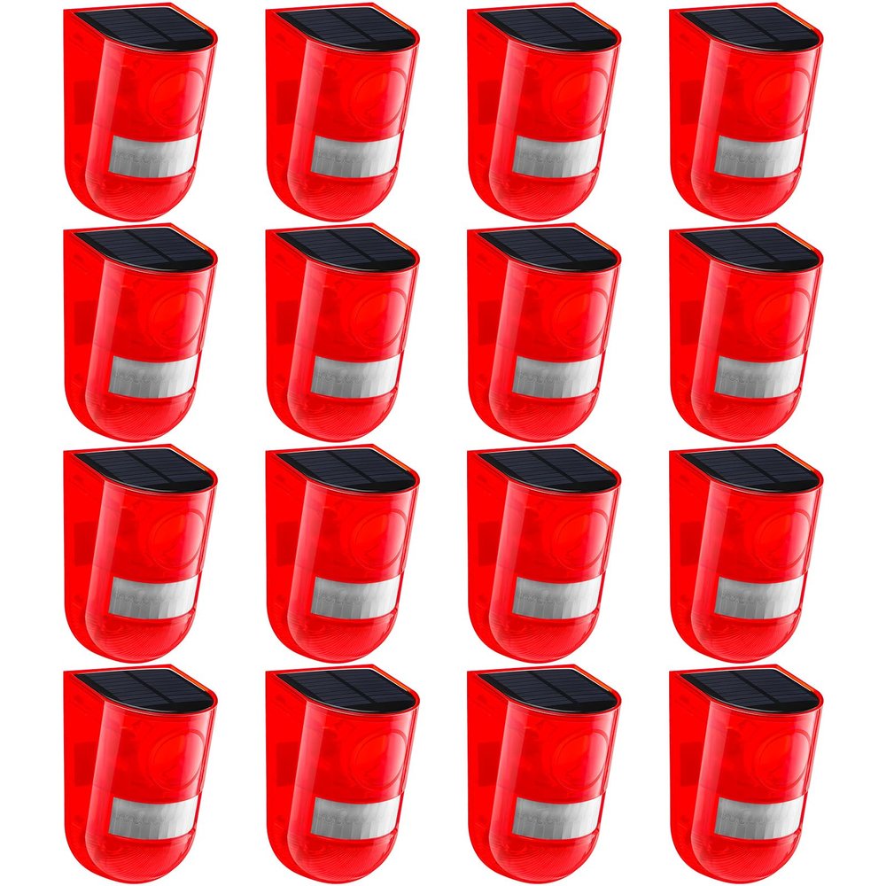 Qualirey 16 Pack Solar Sound and Light Alarm Motion Sensor 129db Outdoor Security Siren Waterproof Motion Activated Detector Alarm 6 LEDs Flash Warning Strobe System for Home, Farm (Red)