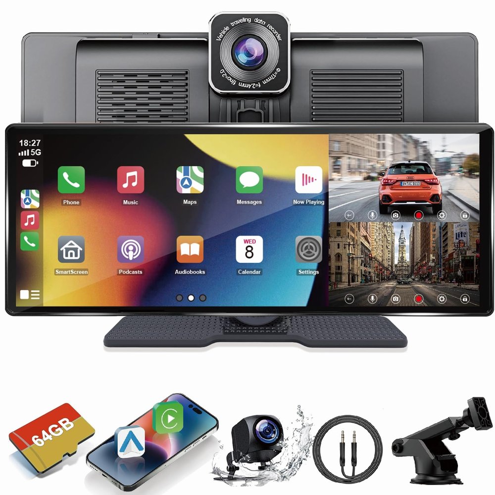 10.26" Portable Carplay Screen for Car, Wireless Car Stereo Works with Apple Carplay Android Auto with Front Dash Cam/1080P Backup Camera/Bluetooth/AUX/USB/FM/AM/GPS Navigation