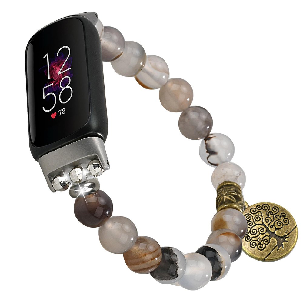 Wongeto Compatible with Fitbit Luxe Band Natural Gemstone Beaded Handmade Elastic Stretch Bracelet Tree of Life for Women (Grass Flower Agate)