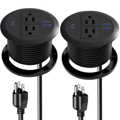 Fadossu Desktop Power Grommet - Set of 2,3-inch,20W USB C Fast Charging,Fits 3-1/8" Holes.Round Recessed Power Strip Flush Mount Desk Grommet Outlet,2-AC Outlet,3-USB Port,5 ft Cord,Black