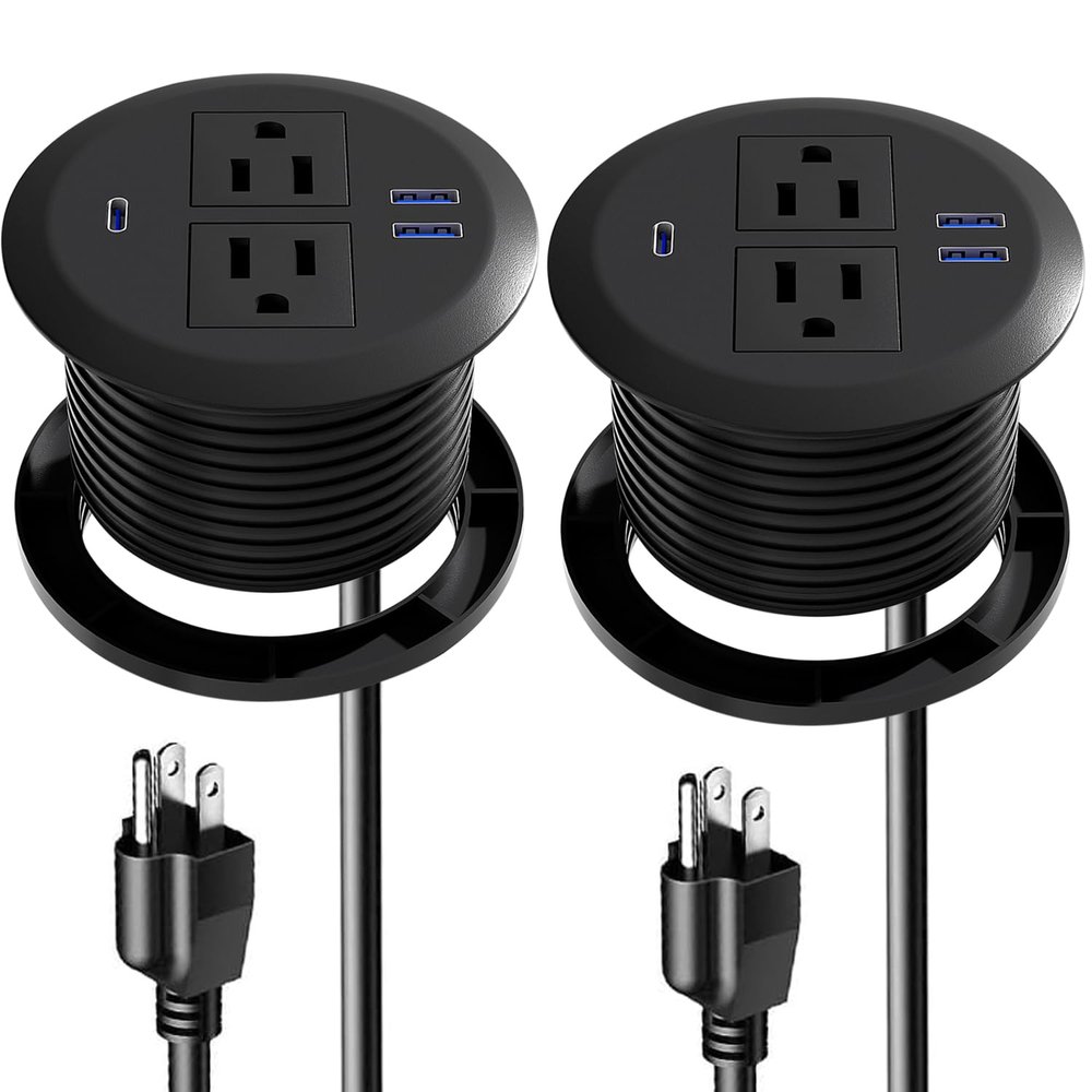 Fadossu Desktop Power Grommet - Set of 2,3-inch,20W USB C Fast Charging,Fits 3-1/8" Holes.Round Recessed Power Strip Flush Mount Desk Grommet Outlet,2-AC Outlet,3-USB Port,5 ft Cord,Black