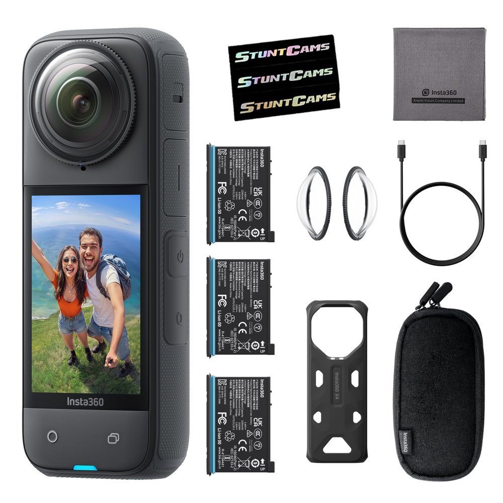 Insta360 X4 - Waterproof 8K 360 Action Helmet Camera with 2 Extra Batteries, 4K Wide-Angle Video, Invisible Selfie Stick Effect, Removable Lens Guards, Sports, Content, Travel, Outdoor Creator