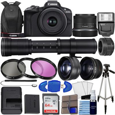 Canon EOS R50 Mirrorless Digital Camera Body Black with Canon RF-S 18-45mm f/4.5-6.3 is STM Lens 4 Lens Kit with 64GB Memory + 3pc Filter Kit + Case + Tripod + Complete Accessory Bundle (Renewed)