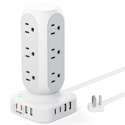 TenTrend 65W Fast Charging Station, Flat Plug Power Strip Tower with 12 AC Outlets & 8 USB Ports (2 PD USB-C Ports), 10FT Extension Cord, Compatible for MacBook Pro, iPhone Series.