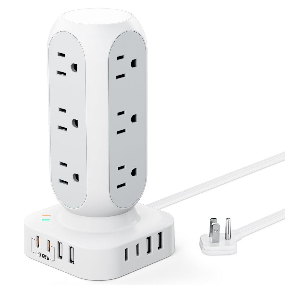 TenTrend 65W Fast Charging Station, Flat Plug Power Strip Tower with 12 AC Outlets & 8 USB Ports (2 PD USB-C Ports), 10FT Extension Cord, Compatible for MacBook Pro, iPhone Series.
