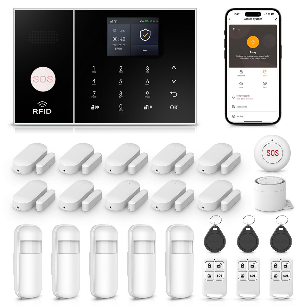 LWOHSI A108F Alarm System for Home Security,WiFi+GSM 4G DIY Alarm Kit with Phone APP Alert, Door/Window Sensor, Remote, Compatible with Alexa and Google for House, Apartment