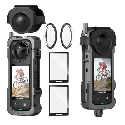 debous Insta 360 X4 Aluminum Metal Frame Cage Bag Case Lens Guards with Silicone Lens Cap Screen Protector for Insta360 X4 X 4 Camera Accessories Kit Multi-use Mount Clamp Adapter