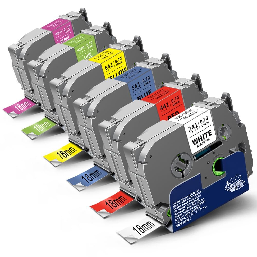 Topcolor 6-Pack 18mm 0.7" Laminated Tape Compatible for Brother P-Touch Label Tape 18mm 0.7 Inch Laminated Colored Tze Tz 3/4" Label for PTD400 PTD610BT PTD410 PTD600, White/Red/Yellow/Blue/Green/Pink