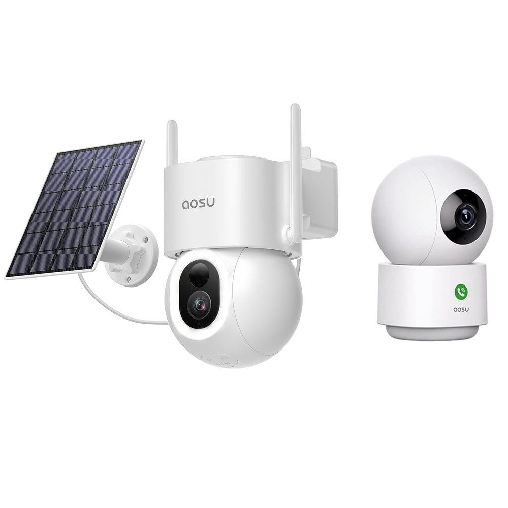AOSU 2K Indoor Security Camera & 3K/5MP Outdoor Solar Powered Security Camera