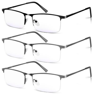 WEIMELTOY 3 Pack Blue Light Blocking Reading Glasses for Men, Stylish Half Frame Metal Computer Readers, Lightweight Spring Hinge Eyeglasses Anti Eyestrain/Glare/UV (2PCS Gray+1PCS Black,+2.25)