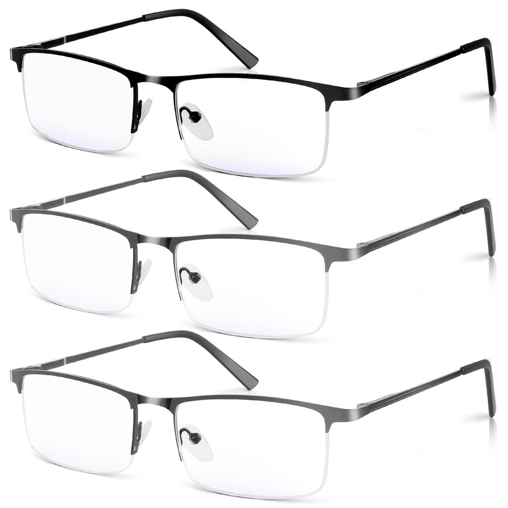 WEIMELTOY 3 Pack Blue Light Blocking Reading Glasses for Men, Stylish Half Frame Metal Computer Readers, Lightweight Spring Hinge Eyeglasses Anti Eyestrain/Glare/UV (2PCS Gray+1PCS Black,+2.25)