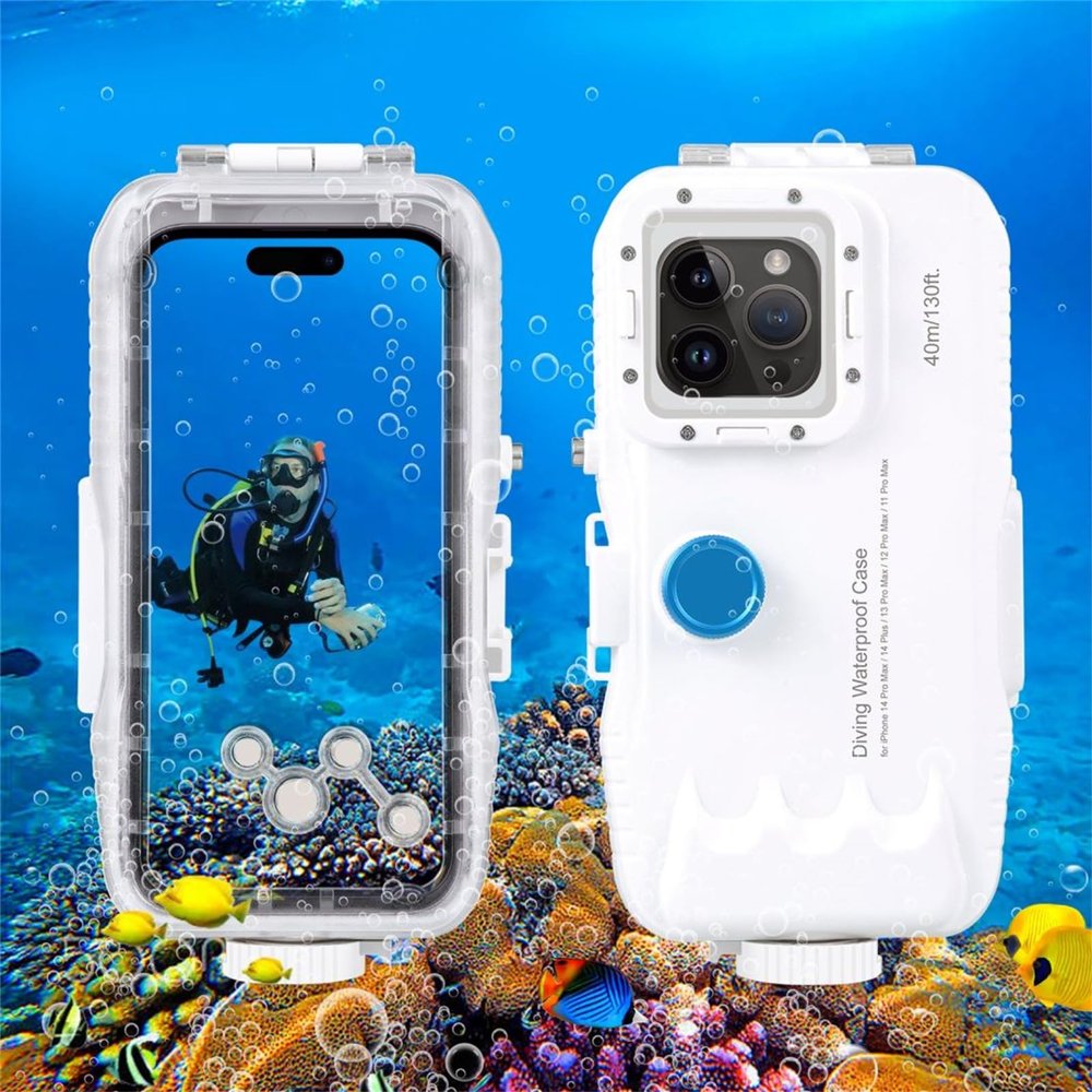 Caruner 40m/130ft Depth Waterproof Diving Case Underwater Housing Cover Compatible with iPhone 15 Pro Max, 15 Plus, 14 Plus, 14 Pro Max, 13 Pro Max, 12 Pro Max, 11 Pro Max Cellphone White