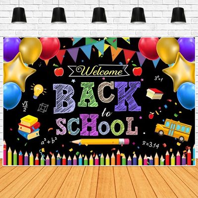 ChloropLastid Welcome Back to School Backdrop for Photography Blackboard Colored Pens Balloons School Party Decorations Students Photocall Backdrop 9X6FT