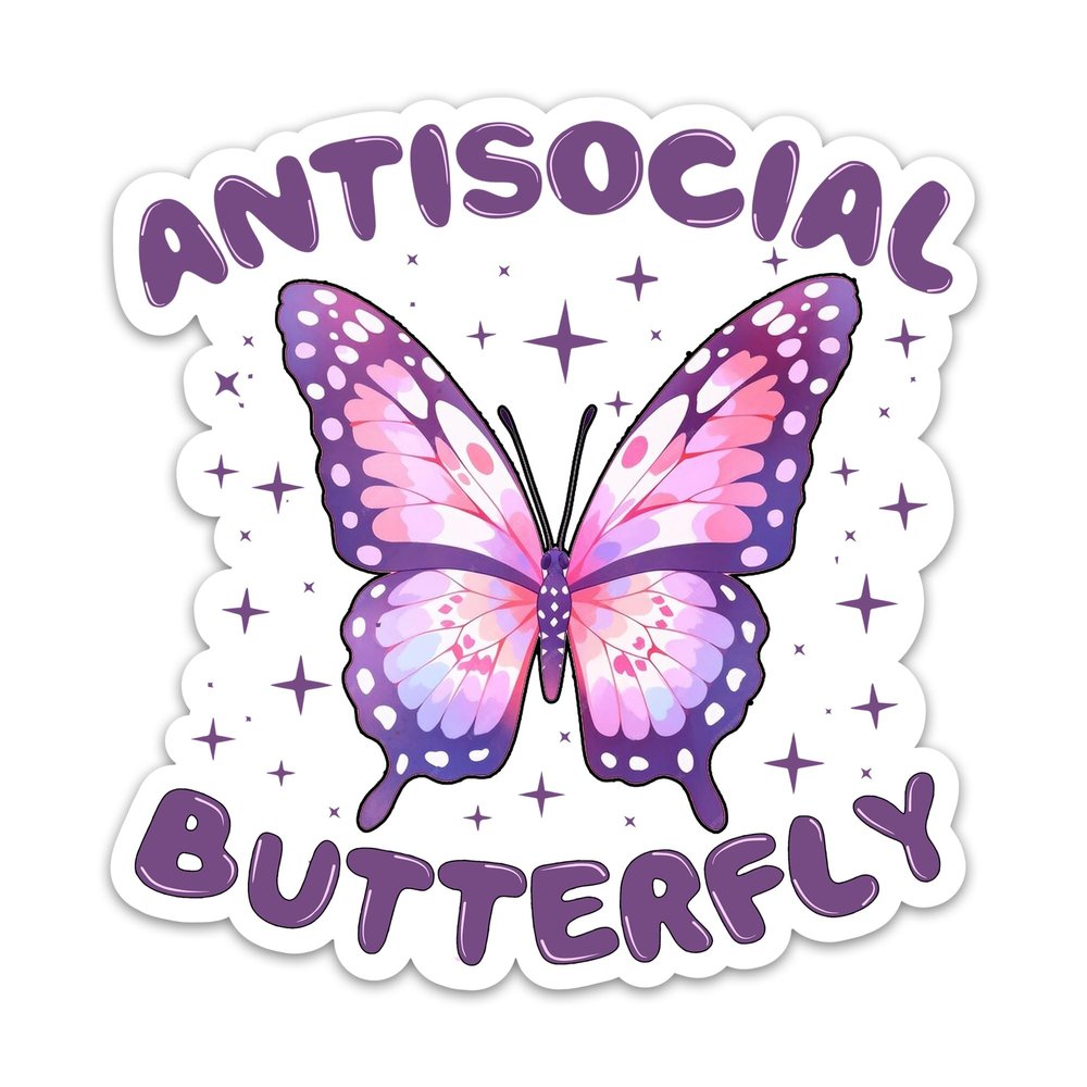 (3PCs) Antisocial Butterfly 3" Sticker, Introvert Mental Health Decals Vinyl Waterproof Stickers for Kindle Laptop Water Bottle Phone Case, Reading Stickers (3 Inches)