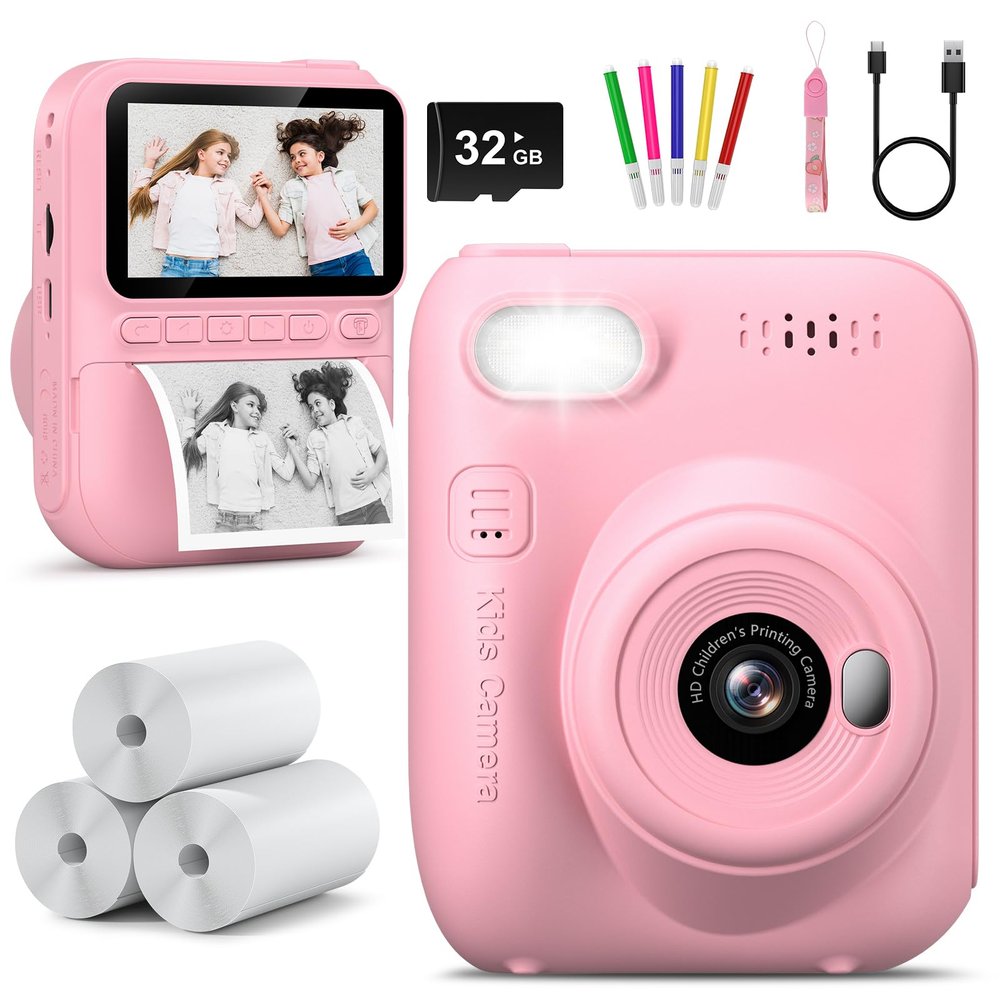 Kids Camera Instant Print -Toddler Portable Travel Print Digital Photo Camera Toy, Holiday Birthday Graduation Gift for Kid 3-12 Year Old, Photomaker Kit for 4 5 6 7 8 9 10 Boys GirlsPink