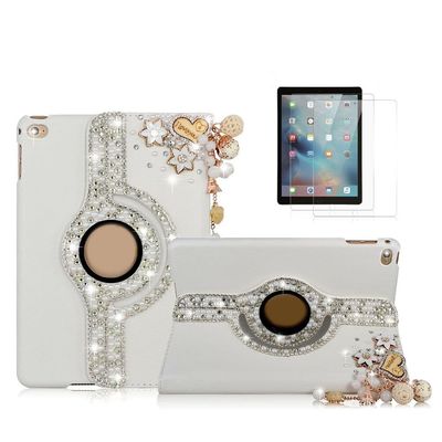 STENES Bling Case Compatible with iPad Pro 11-inch 2024 - Stylish - 3D Handmade Heart Pendant Flowers Floral 360 Degree Rotating Stand Cover with Smart Auto Sleep/Wake - Gold