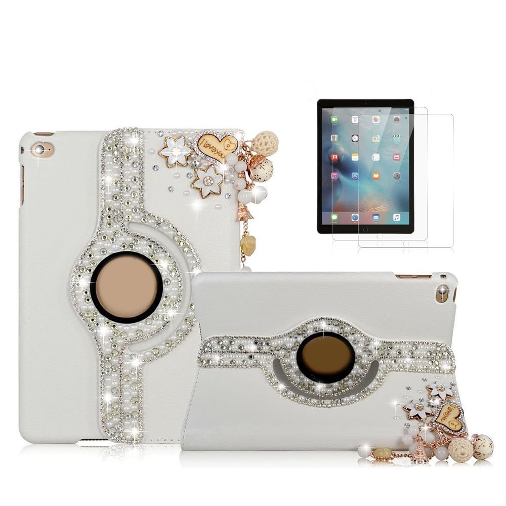 STENES Bling Case Compatible with iPad Pro 11-inch 2024 - Stylish - 3D Handmade Heart Pendant Flowers Floral 360 Degree Rotating Stand Cover with Smart Auto Sleep/Wake - Gold