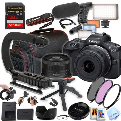 Canon EOS R100 24.2MP APS-C CMOS Sensor Mirrorless Camera with 18-45mm Lens, 128GB Extreme Speed Memory, Video Light, Microphone, Filters, U-Grip, Case, Software and More (Vlogger Bundle) (Renewed)