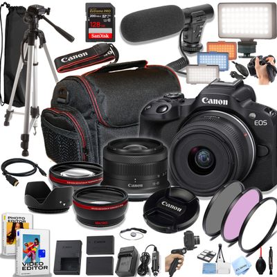 Canon EOS R50 24.2MP APS-C CMOS Sensor Mirrorless Camera with 18-45mm Lens, 128GB Extreme Speed Memory, Video Light, Microphone, Grip, Filters, Lenses, Case, Software, More, Black (Renewed)