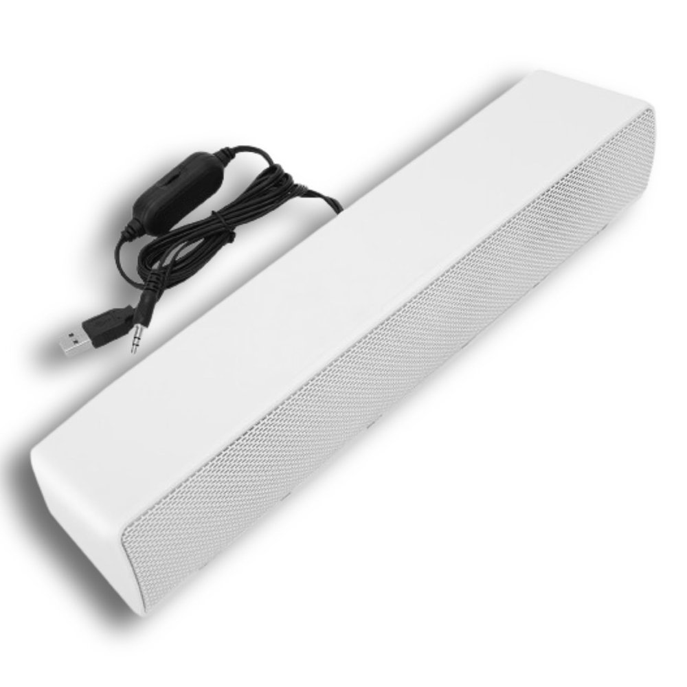 Beufee V-196 Computer Sound Bar, White USB Powered 3.5mm Input 2.0 Channel Stereo Soundbar with Volume Knob and Blue LED Breathing Light