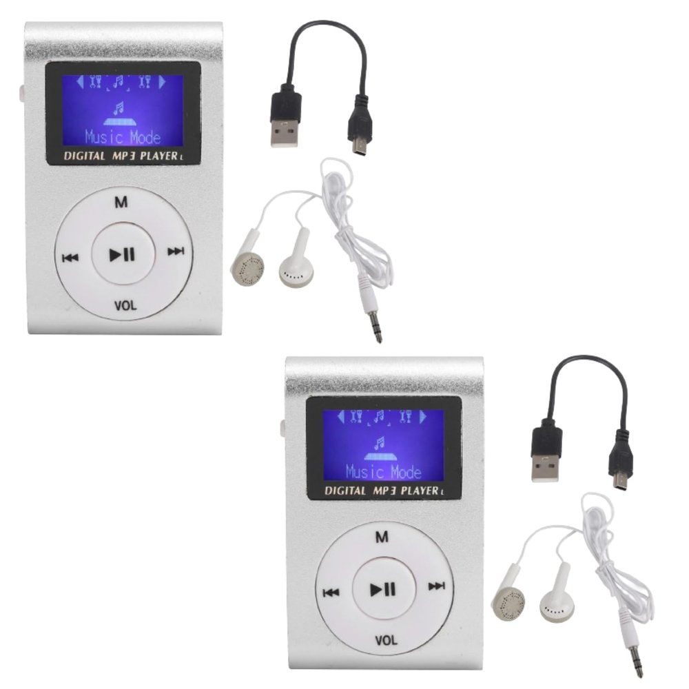 Beufee 2Pcs Mini MP3 Player, Digital Music Player with 32GB Memory, Portable MP3 Player with BackClip LCD Screen (Silver)