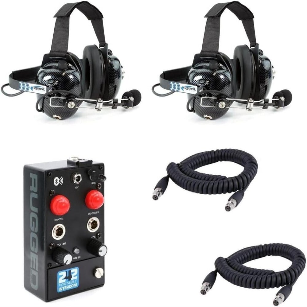 Rugged Radios Portable in Car Communication Kit - 2 Person Intercom 2 Behind The Head Headsets and Cables Voice Activated and Bluetooth Music for Off Road Jeep UTV Can Am X3 Polaris RZR