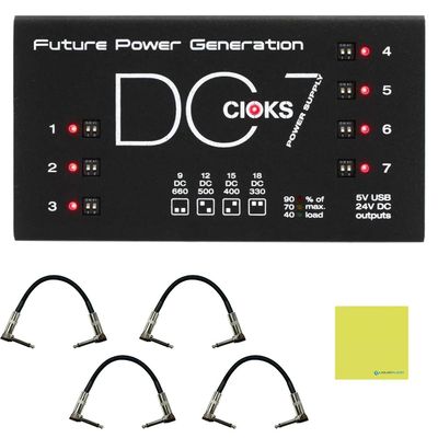 CIOKS Pedal Power Supply Bundle with 4X Strukture S6P48 Woven Right Angle Patch Cables and Liquid Audio Polishing Cloth - DC7 Isolated DC Outlets Power Supply