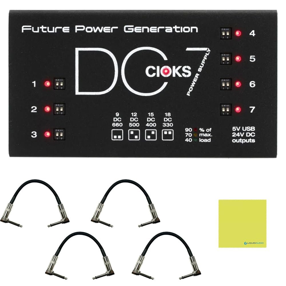 CIOKS Pedal Power Supply Bundle with 4X Strukture S6P48 Woven Right Angle Patch Cables and Liquid Audio Polishing Cloth - DC7 Isolated DC Outlets Power Supply