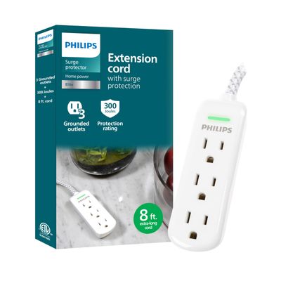 Philips 3-Outlet Grounded Extension Cord, 8 Ft Indoor Extension Cord with Surge Protection, Flat Plug Surge Protection Power Strip, 300 Joules, UL Listed, White, SPP3433BB/37