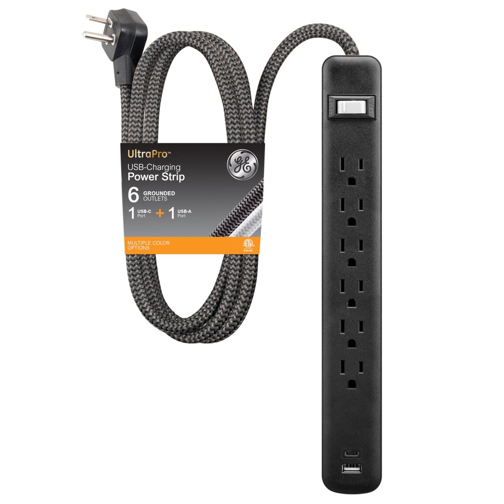 GE 6-Outlet Power Strip with USB, 1 USB-A, 1 USB-C, Outlet Extender, 6 Ft Braided Extension Cord, Flat Plug, Charging Station, Black, 82595